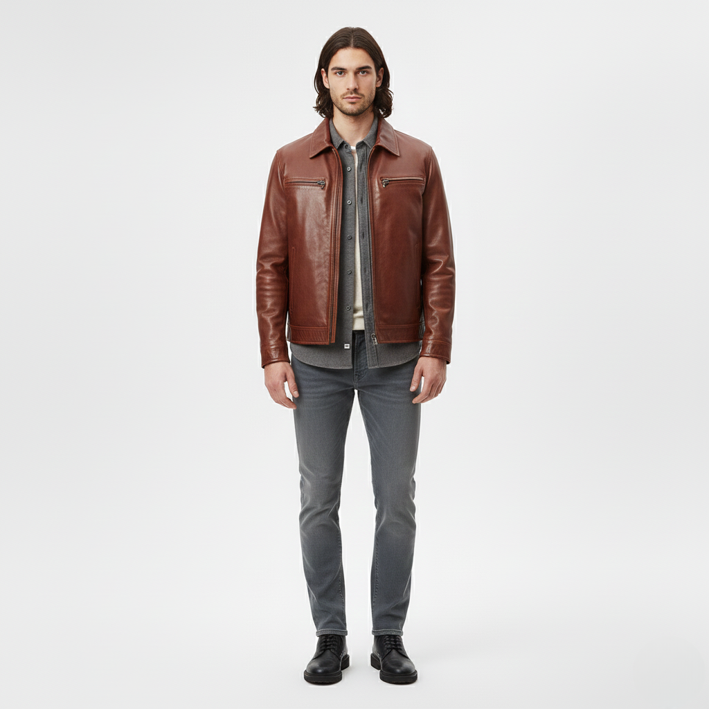 Casual Zip Front Leather Jacket