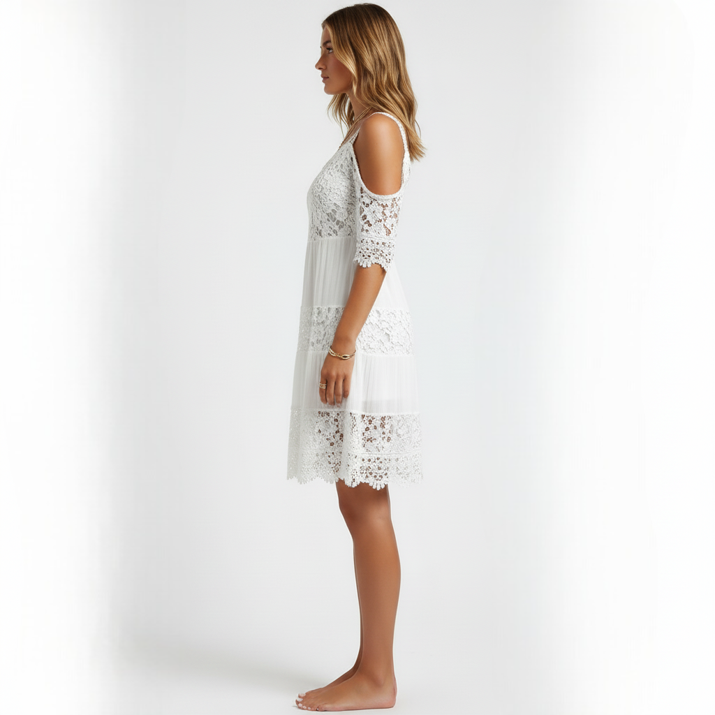 Knelang blondekjole med skulderåpning