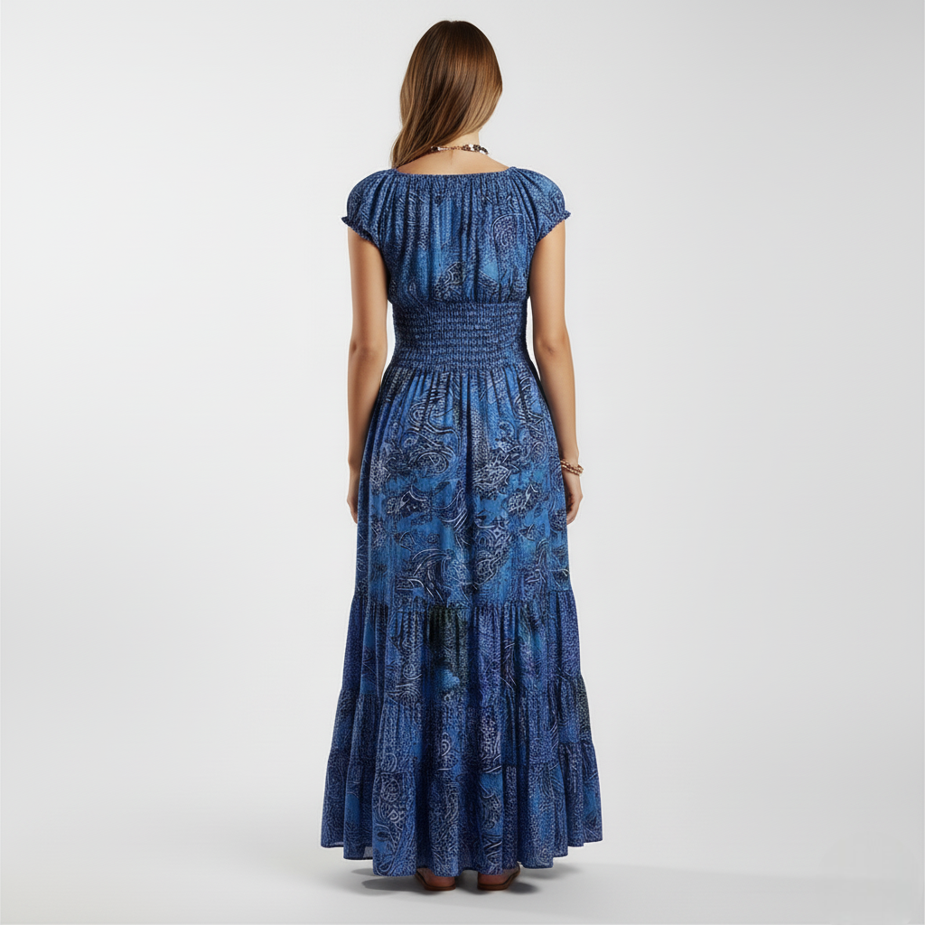 Lang kjole med v-hals og markert midje