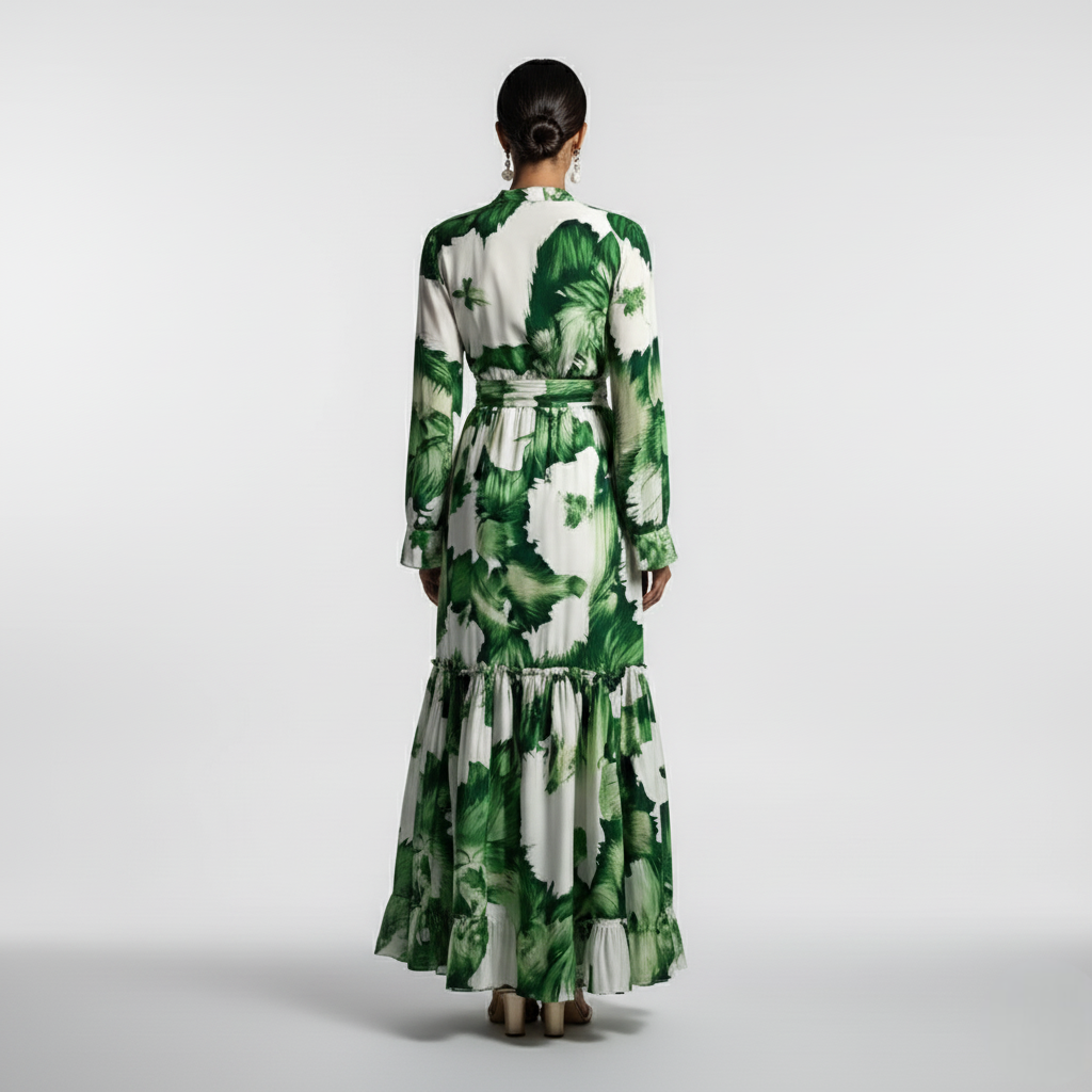 Lang kjole med knappelukking og snøring i midjen