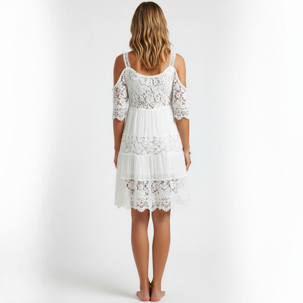 Knelang blondekjole med skulderåpning