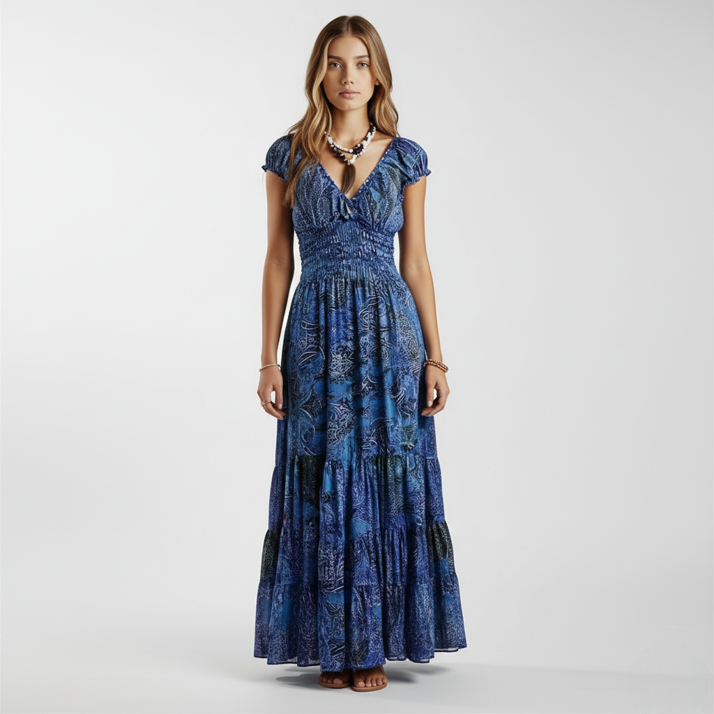 Lang kjole med v-hals og markert midje